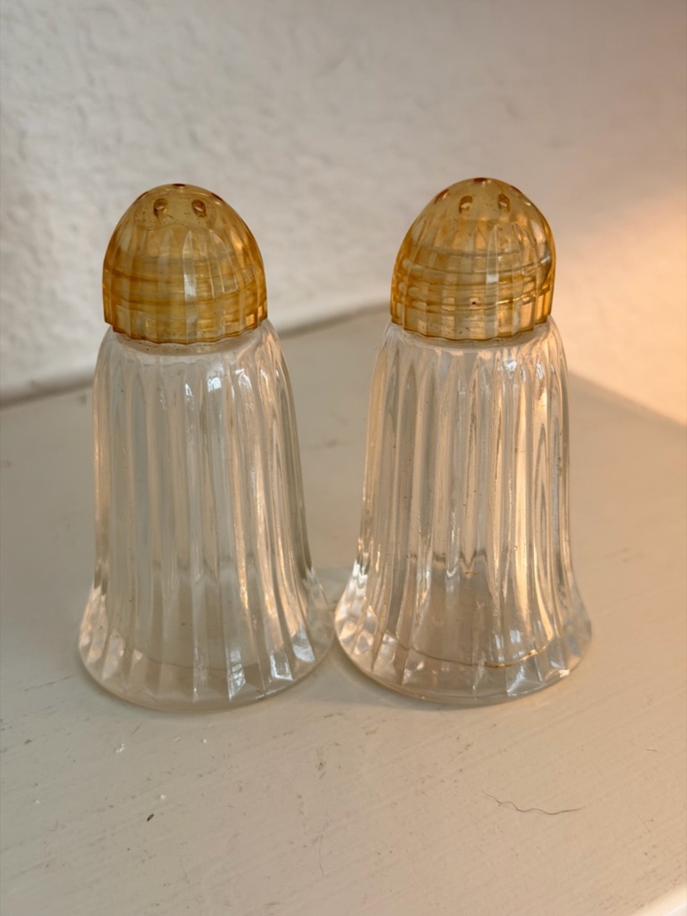 Vintage Glass Salt Pepper Shakers Ribbed Clear Glass Amber Lids Set